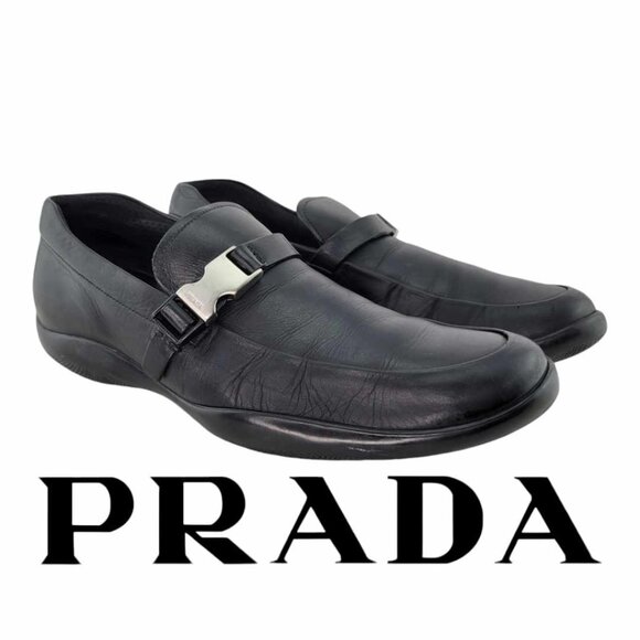 AUTHENTIC PRADA Spazzolato Rois Buckle Leather Loafers Derby Men's Sz 9.5 - Picture 1 of 10